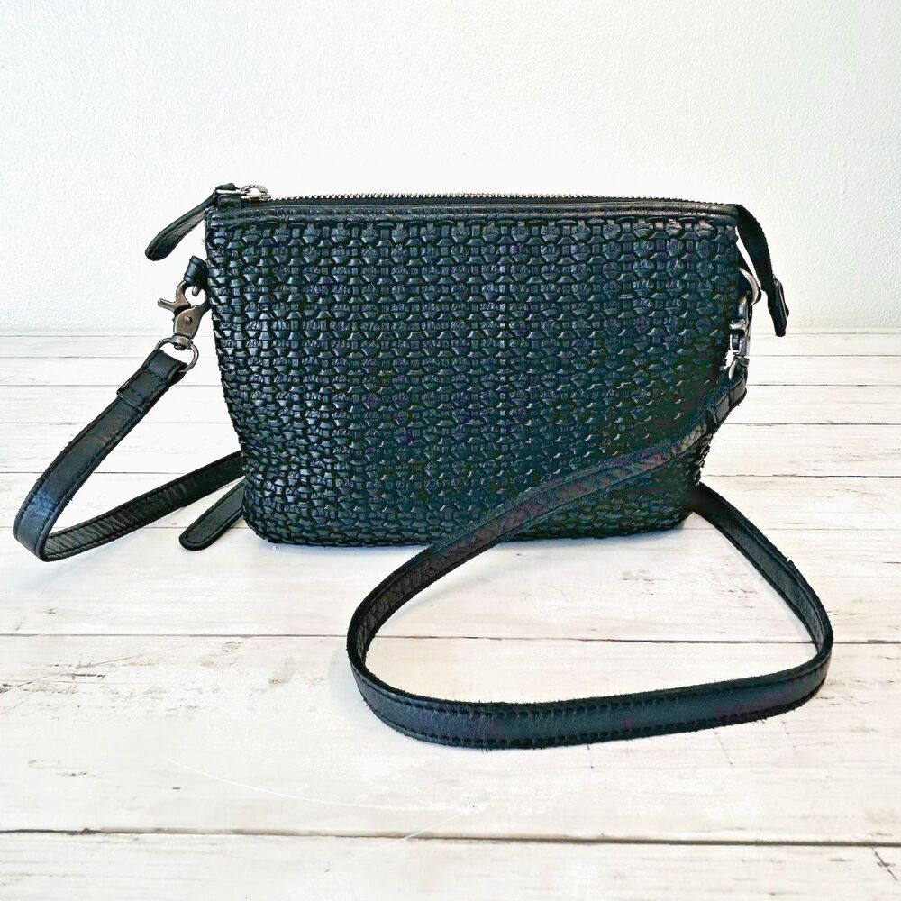Vilenca Holland Woven Leather Crossbody Shoulder Bag Soft Black Boho